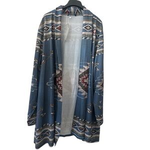 BloomChic Aztec Print Western Open Front Cardigan in Blue/Brown/White Size 10-30